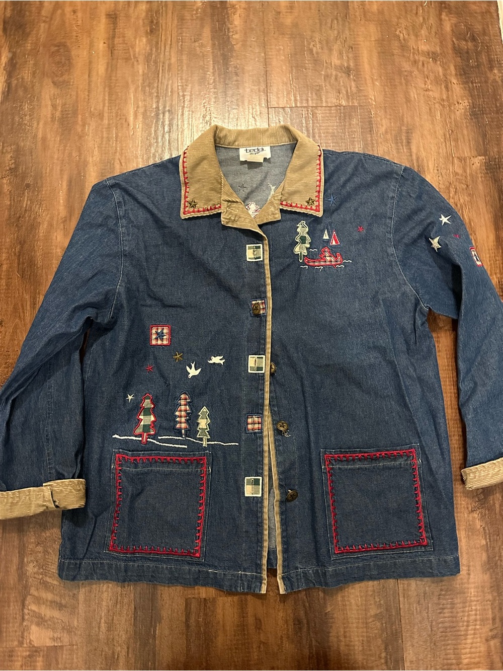 Vintage Embroidered Fall Blue Denim Jacket with Contrast Collar